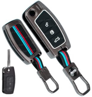 Ford Fiesta Figo 3 Button Leather Metal Key Cover - Metal Silicon