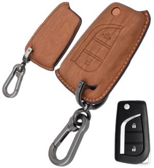 Toyota Innova Crysta Corolla Altis 2 Button Leather Metal Key Cover - Wooden Leather