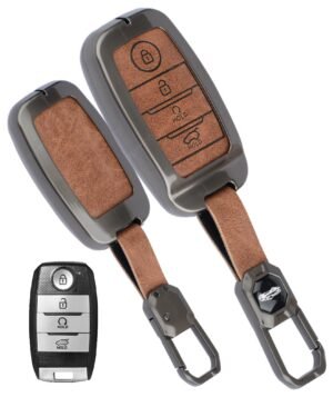 Kia Carnival Sonet 4 Button Key Cover - Leather Metal