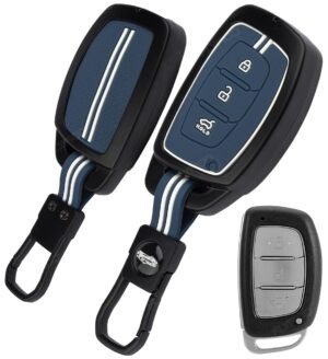 Hyundai New Verna i20 4 Button Key Cover - Black Metal Blue Silicone