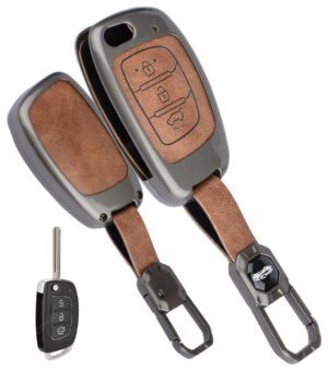 Hyundai Creta Venue 3 Button Chrome Metal Key Cover - Leather Metal