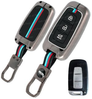Hyundai Creta Venue i20 3 Button Black Chrome Key Cover - Metal Silicon