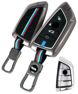 BMW Diamond Button 4 Button Leather Metal Key Cover - Metal Silicon