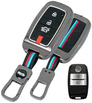 Kia Seltos Sonet 3 Button Leather Metal Key Cover - Metal Silicon