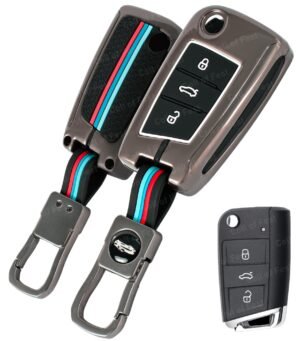 Volkswagen Taigun Virtus 3 Button Black Metal Key Cover - Metal Silicon