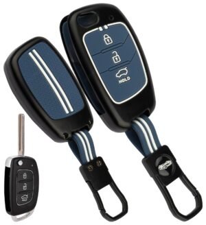 Hyundai Creta Venue 3 Button Chrome Metal Key Cover - Black Metal Blue Silicone