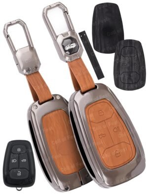 Tata Nexon Altroz 3 Button Key Cover - 2-in-1 Leather Metal (Brown & Black)