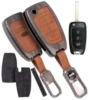 Hyundai Alcazar Tucson 3 Button Key Cover - 2-in-1 Leather Metal (Brown & Black)