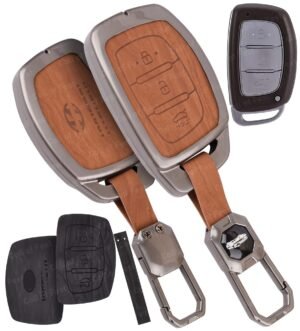 Hyundai New Verna i20 4 Button Key Cover - 2-in-1 Leather Metal (Brown & Black)