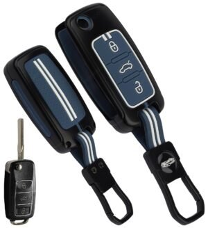 Volkswagen Polo Vento 3 Button Chrome Metal Key Cover - Black Metal Blue Silicone