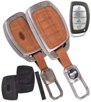 Hyundai i20 N Line 4 Button Key Cover - 2-in-1 Leather Metal (Brown & Black)