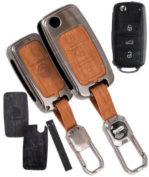 Volkswagen Polo Vento 3 Button Chrome Metal Key Cover - 2-in-1 Leather Metal (Brown & Black)