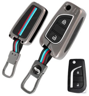 Toyota Innova Crysta Corolla Altis 2 Button Leather Metal Key Cover - Metal Silicon