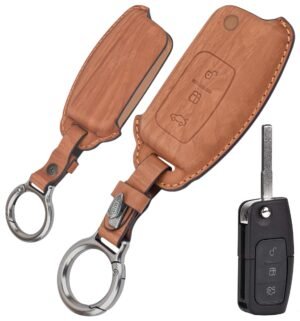 Ford Fiesta Figo 3 Button Leather Metal Key Cover - Wooden Leather