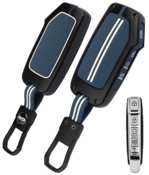 Kia Seltos 2024 4 Button Key Cover - Black Metal Blue Silicone