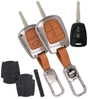 Hyundai New i10 Grand Nios 3 Button Key Cover - 2-in-1 Leather Metal (Brown & Black)