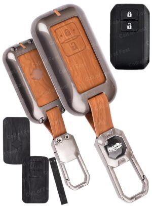 Maruti Suzuki Vitara Brezza 3 Button Key Cover - 2-in-1 Leather Metal (Brown & Black)