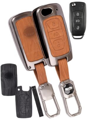 Tata Punch Tiago 3 Button Key Cover - 2-in-1 Leather Metal (Brown & Black)