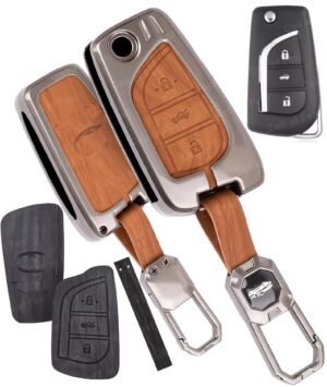 Toyota Innova Crysta Corolla Altis 3 Button Key Cover - 2-in-1 Leather Metal (Brown & Black)
