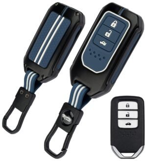 Honda BRV WRV CRV 3 Button Black Chrome Key Cover - Black Metal Blue Silicone