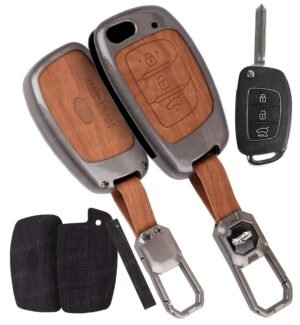 Hyundai Creta Venue 3 Button Chrome Metal Key Cover - 2-in-1 Leather Metal (Brown & Black)
