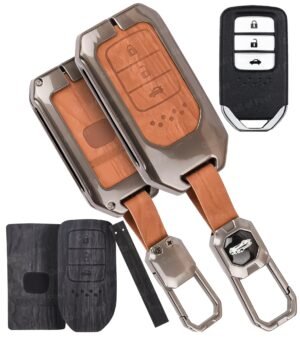 Honda BRV WRV CRV 3 Button Black Chrome Key Cover - 2-in-1 Leather Metal (Brown & Black)
