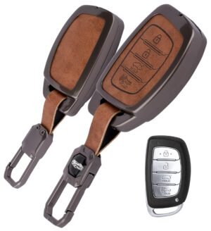Hyundai Venue 2023 3 Button Key Cover - Leather Metal