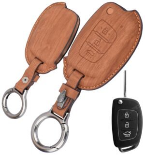 Hyundai Creta Venue 3 Button Chrome Metal Key Cover - Wooden Leather