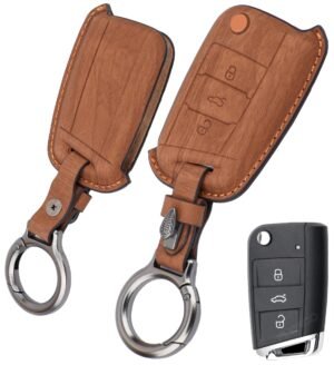 Volkswagen Taigun Virtus 3 Button Black Metal Key Cover - Wooden Leather
