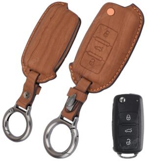 Volkswagen Polo Vento 3 Button Chrome Metal Key Cover - Wooden Leather