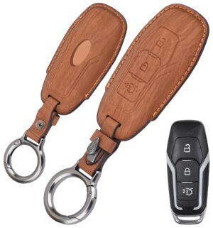 Ford Wooden PU Leather 3 Button Key Cover