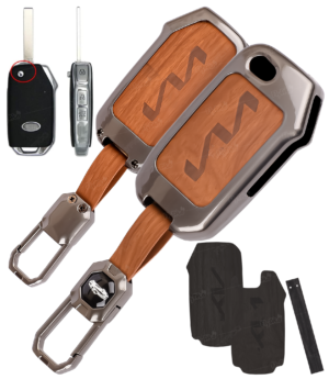 Coll of Fest Metal-Leather Key Cover for Kia 3-Button Flip Key ( Kia Seltos 2023 2024 HTE ) Include 2 Inner Leather Inner & 2 Straps (Brown & Black)