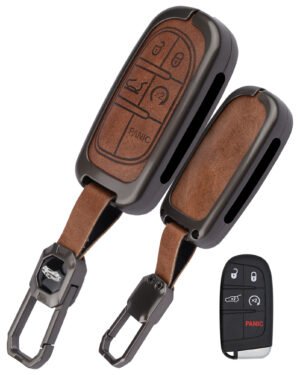 Coll of Fest Exclusive Metal Leather Key Cover Compatible with Jeep Meridian, Compass, Trail Hawk, 5 Button Smart Key Leather Protection with Keychain