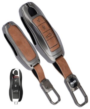 Coll of Fest Exclusive Metal Leather Key Cover Compatible with Porsche 911 Cayenne Panamera TAYCAN 3 Button Full Leather and Metal Protection Special Protection with Keychain