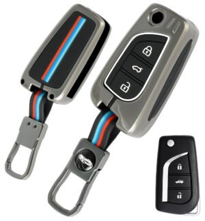 Coll of Fest Premium Metal Silicon Key Cover Compatible with Toyota Innova Crysta Corolla-Altis Camry HyCross Hilux 3 Button Flip Smart Key Cover Metal Protection Glow in the Dark