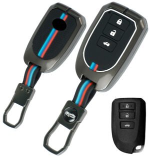 Coll of Fest Premium Metal Silicon Key Cover Compatible with Toyota | Prado | Vios | Yaris | Previa 3 Button Smart Key Cover Metal and Silicon Protection Glow in the Dark