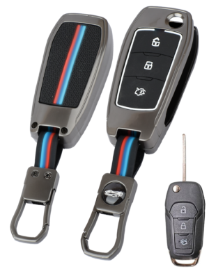 Coll of Fest Metal Key Cover Compatible for Ford Figo, Aspire, Endeavour Flip Key ? 3 Button Smart Key Protective Case with Keychain, Premium Zinc Alloy Scratch-Resistant Remote Fob Shell