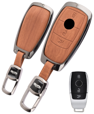 Coll of Fest Woodgrain Metal Frame Brown Leather Key Cover Compatible with Mercedes Benz E - Class S - Class A - Class C - Class G - Class 2020 Onwards 3 Button New Smart Key