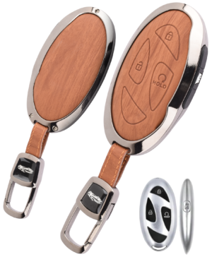 Coll of Fest Woodgrain Metal Frame Brown Leather Key Cover Compatible with Hyundai Venue 4 Button Smart Key