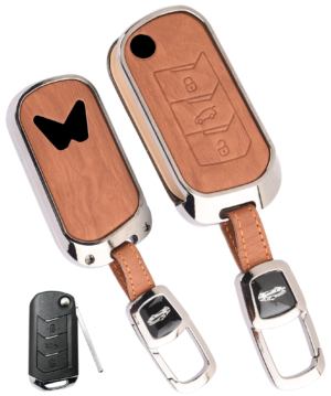 Coll of Fest Woodgrain Metal Frame Brown Leather Key Cover Compatible with Mahindra Scorpio N | 3Xo | Xuv 300 | Marazzo | Xuv 700 | Xuv 400 Ev | Bolero | Thar 3 Button Flip Key