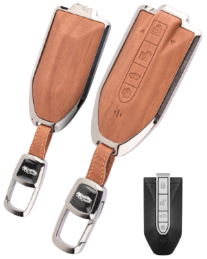 Coll of Fest Woodgrain Metal Frame Brown Leather Key Cover Compatible with Mahindra BE6 | XEV 9 4 Button Smart Key