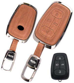 Coll of Fest Woodgrain Metal Frame Brown Leather Key Cover Compatible with Tata Nexon | Punch | Safari | Harrier | Altroz | Tigor EV | Tiago EV | Curvv | EV - 4 Button Smart Key
