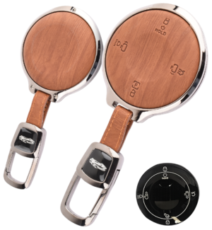 Coll of Fest Woodgrain Metal Frame Brown Leather Key Cover Compatible with TATA Harrier EV (2025-2026) Round Keychain 360 Protection for Summon Mode & Park 8 Button Key