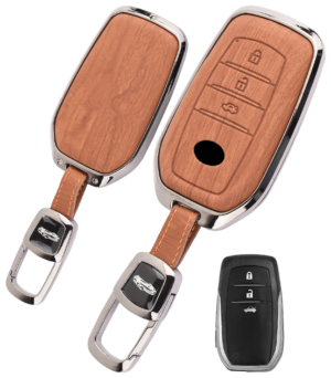 Coll of Fest Woodgrain Metal Frame Brown Leather Key Cover Compatible with Toyota Fortuner | Fortuner Legender | Innova Hycross | Invicto | Toyota Innova Crysta | Hilux 3 Button Key